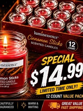 12 Pack Luminessence Cinnamon Sticks Scented Candle Glass Jar w/ Lid